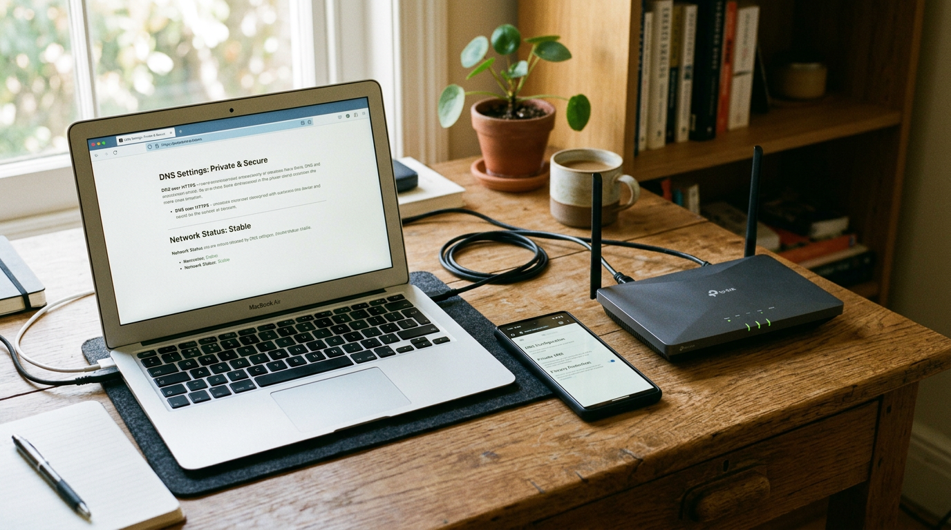 Cena realista de espaço de trabalho mostrando um smartphone ao lado de um laptop...