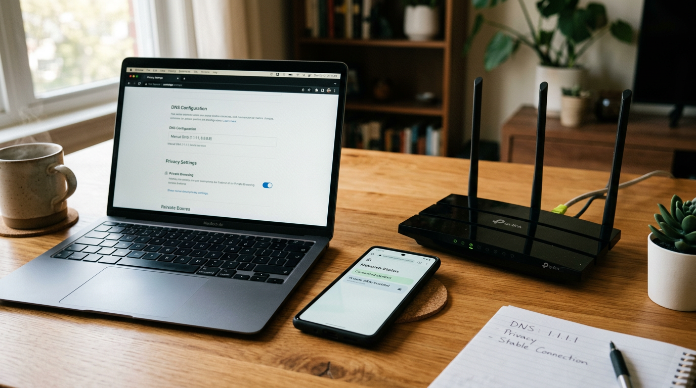 真实工作区场景：一部智能手机放在家中书桌上的笔记本电脑与路由器旁，视觉主题围绕 DNS 设置、浏览器隐私与稳定网络使用，不展示品牌化界面，温暖自然光，纪实编辑摄...