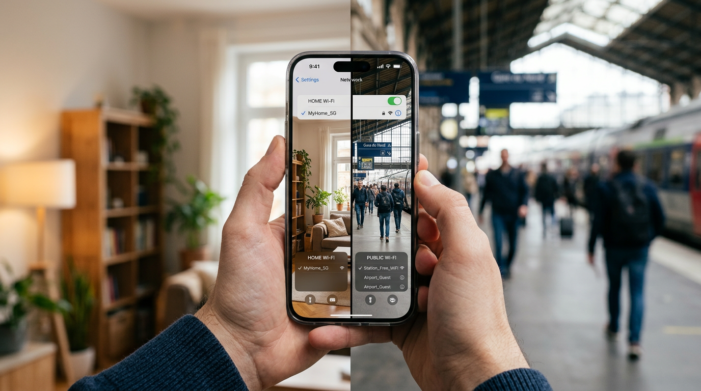 真实特写画面：手持 iPhone，呈现在家庭 Wi‑Fi 与公共无线网络环境之间切换的分屏概念，一侧是公寓室内，另一侧是交通枢纽，突出日常移动隐私决策，构图简洁...