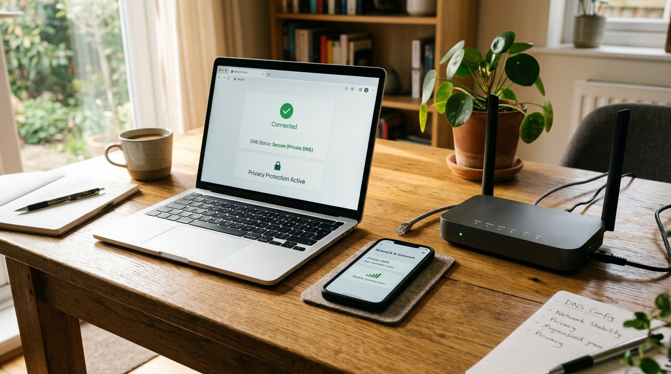 Adegan ruang kerja realistis yang menampilkan smartphone di samping laptop dan r...