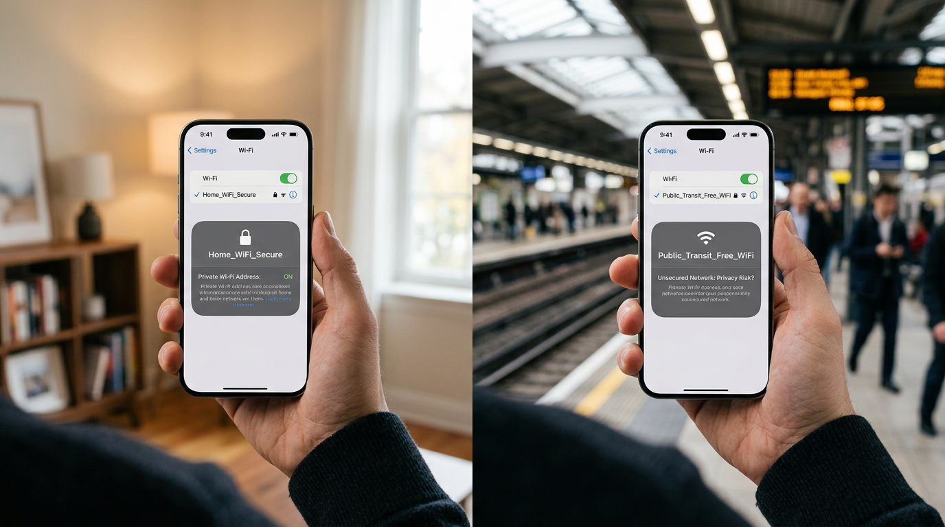 Close-up realistis iPhone di tangan yang berpindah antara lingkungan wifi rumah ...