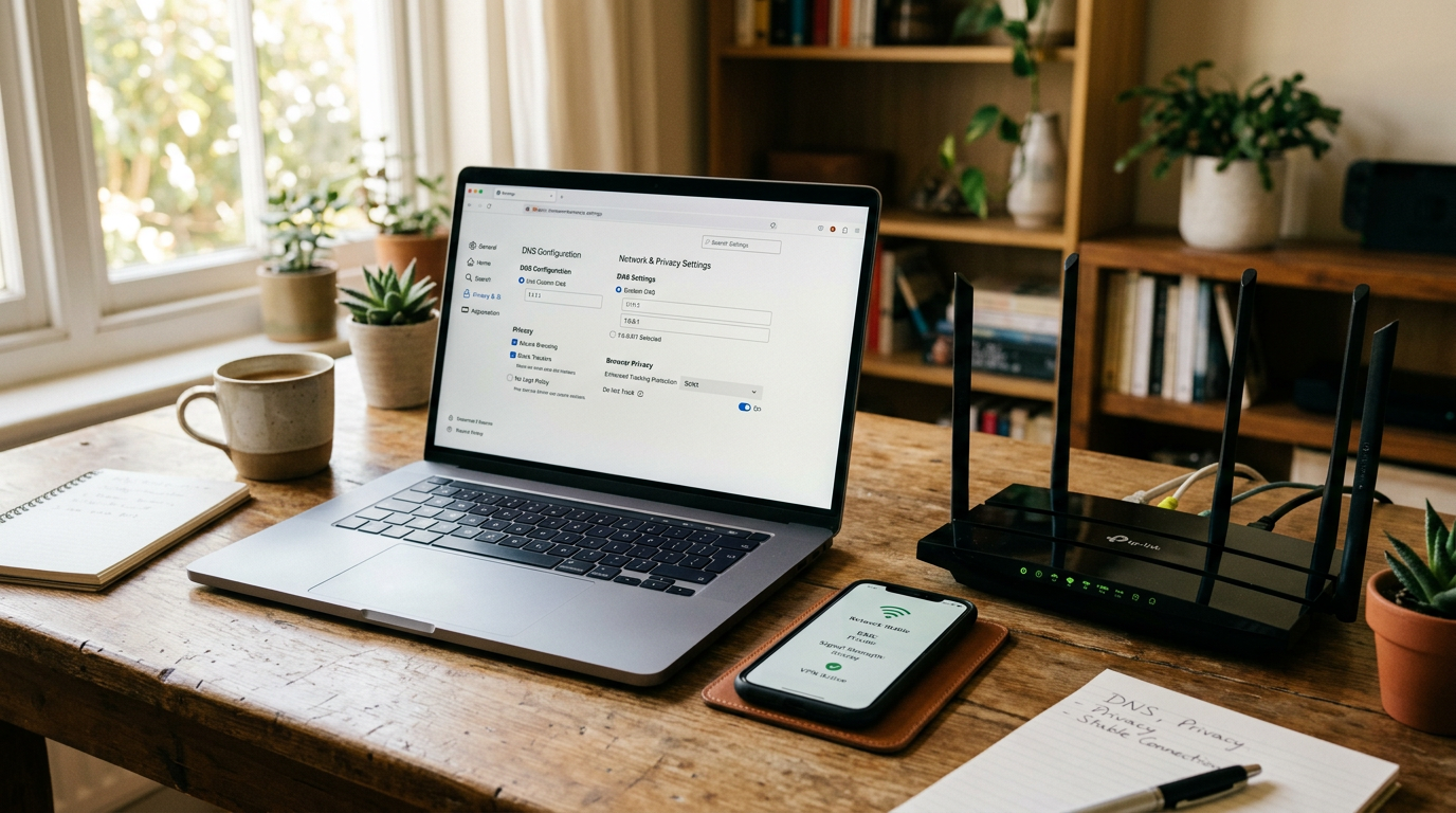 Scena realistica di una postazione di lavoro con uno smartphone accanto a un lap...