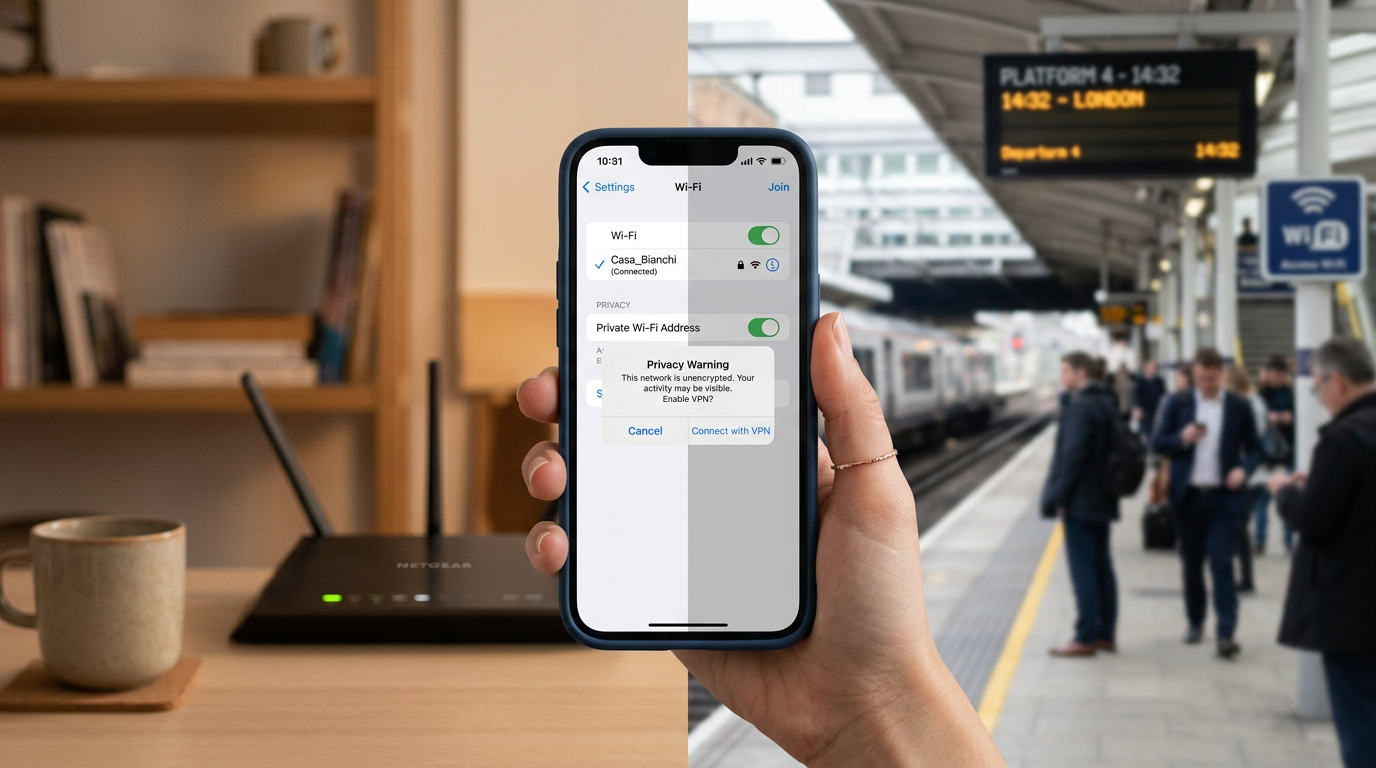 Primo piano realistico di un iPhone tenuto in mano mentre passa tra ambienti di ...