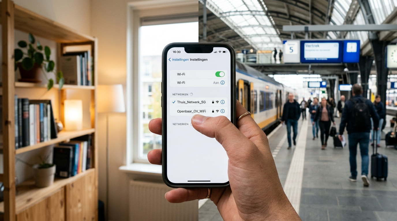 Realistische close-up van een iPhone in een hand die schakelt tussen thuiswifi e...
