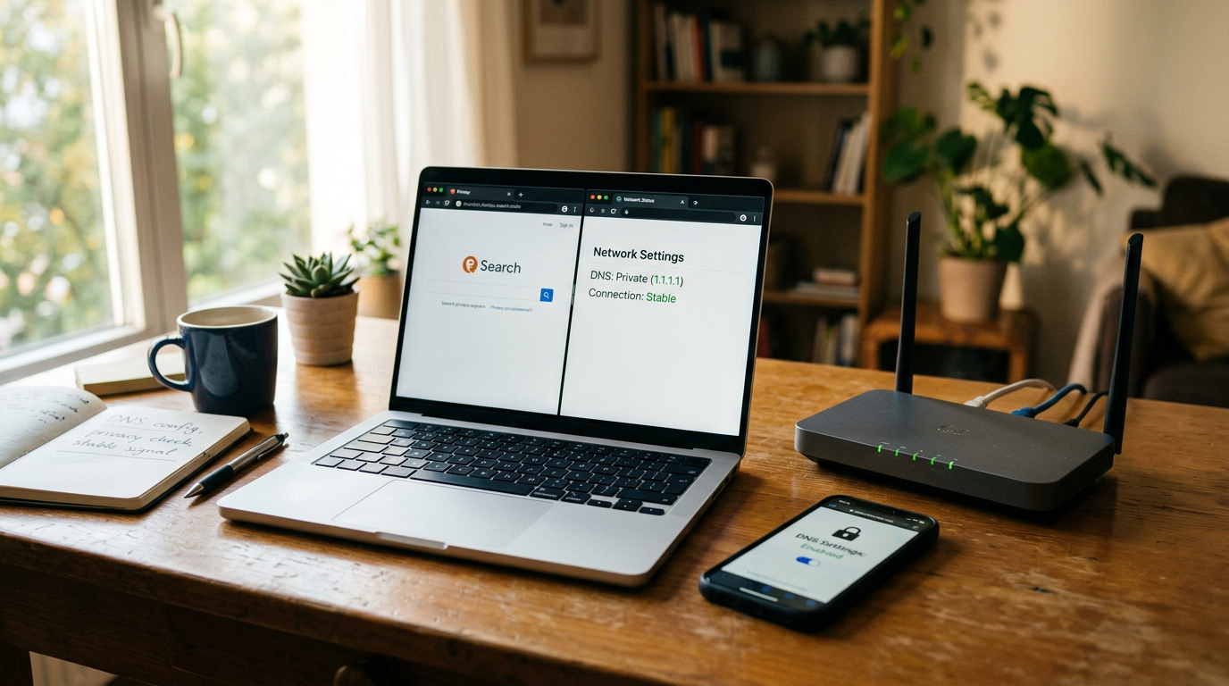 Realistische werkplekscène met een smartphone naast een laptop en router op een ...