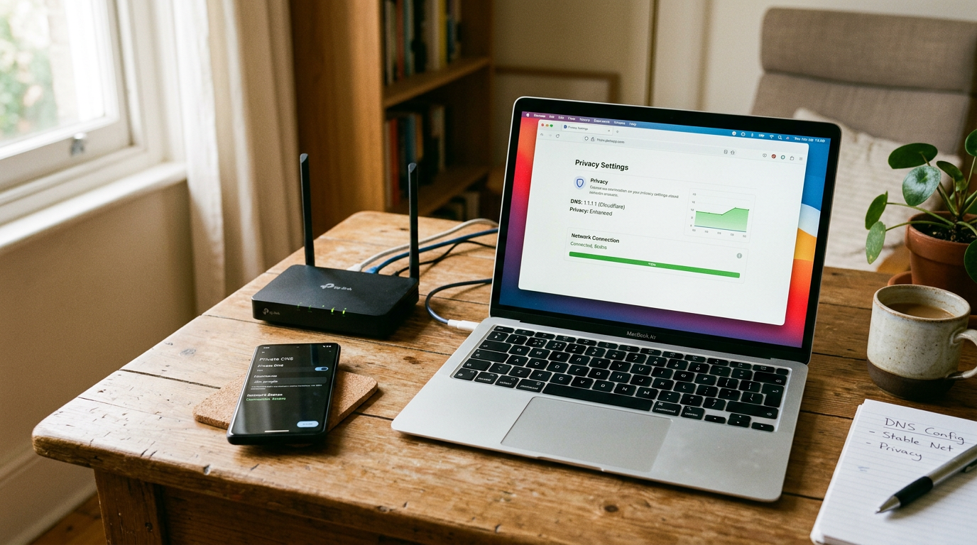 यथार्थवादी workspace दृश्य, जिसमें home desk पर laptop और router के साथ एक smart...