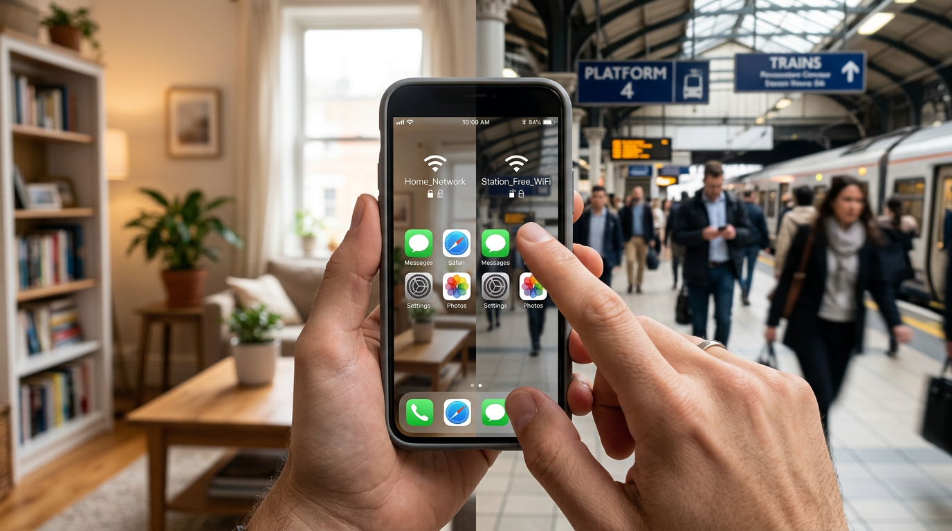 हाथ में iPhone का यथार्थवादी क्लोज़-अप, जिसमें home wifi और public wireless inte...