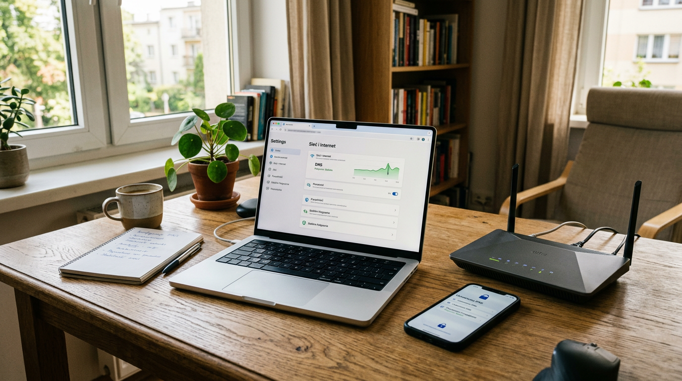 Realistyczna scena domowego miejsca pracy ze smartfonem obok laptopa i routera n...