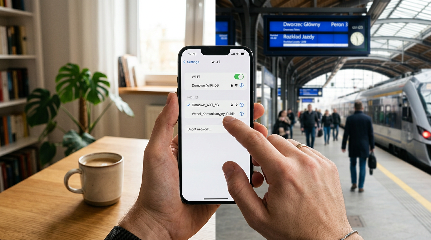 Realistyczne zbliżenie na iPhone’a trzymanego w dłoni podczas przełączania międz...