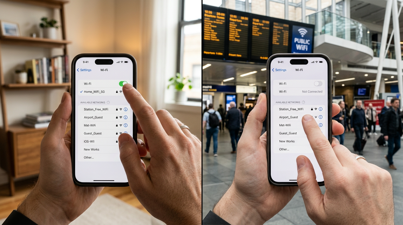 手に持ったiPhoneを中心に、自宅Wi‑Fi環境と公共の無線インターネット環境を切り替える日常を表現したリアルなクローズアップ。片側はマンションやアパートの室...