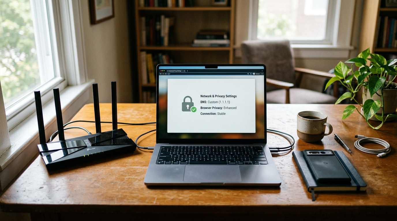 自宅のデスクにノートPCとルーターがあり、その横にスマートフォンが置かれたリアルなワークスペース風景。DNS設定、ブラウザのプライバシー、安定したネットワーク利...
