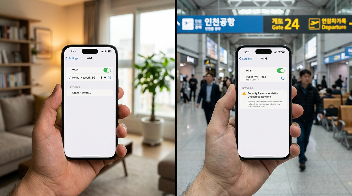 손에 든 iPhone이 집 와이파이 환경과 공용 무선 인터넷 환경 사이를 전환하는 모습을 사실적으로 담은 클로즈업. 한쪽은 아파트 실내, 다른 ...