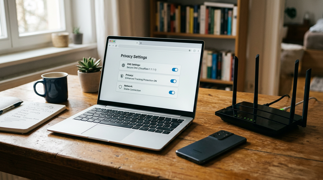집 책상 위 노트북과 라우터 옆에 놓인 스마트폰을 보여주는 사실적인 작업 공간 장면. 브랜드 인터페이스를 노출하지 않으면서 DNS 설정, 브라우...