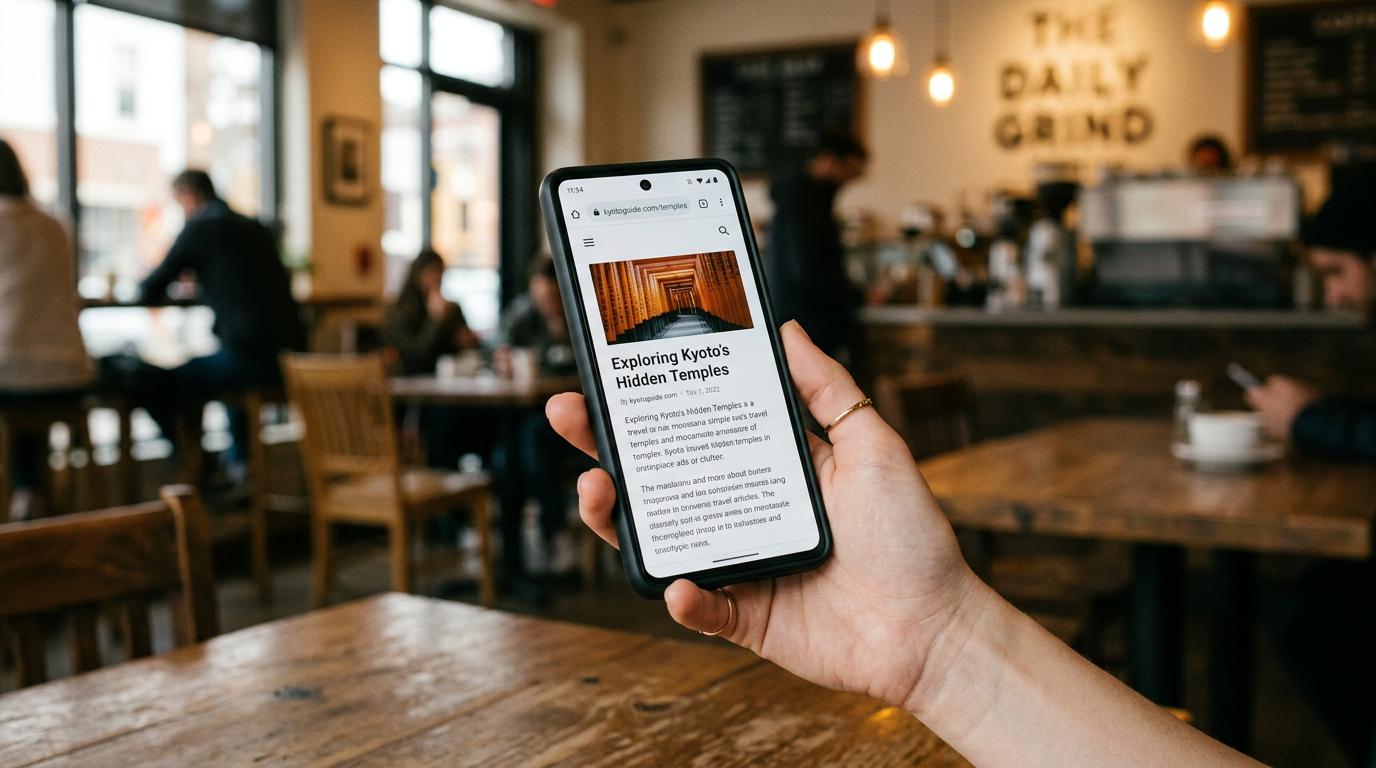 A realistic close-up of a smartphone in hand connected to public wifi in a cafe,...