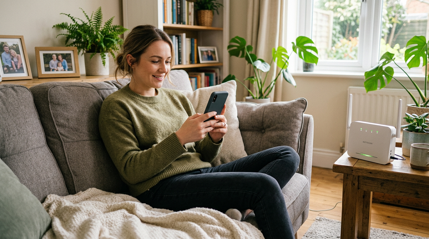 A realistic home setting with a person relaxing on a sofa using a smartphone nea...
