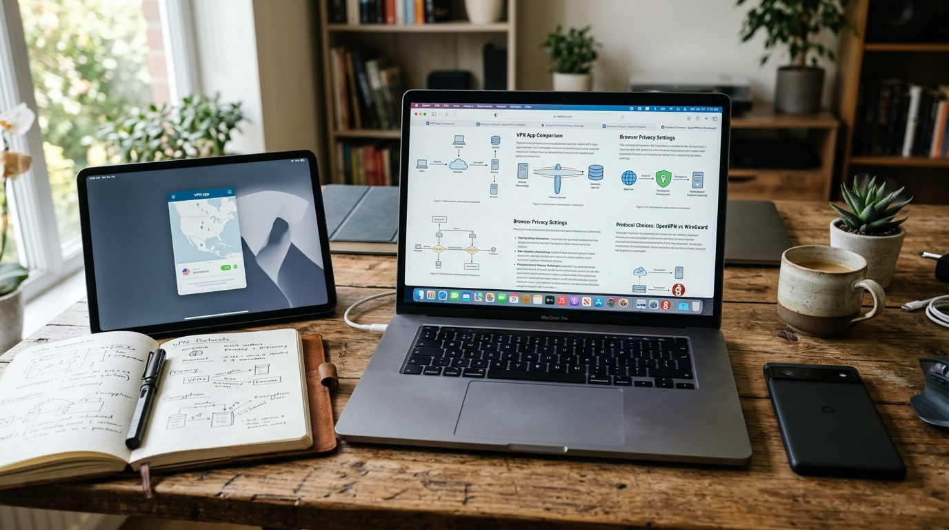 Uma cena realista de espaço de trabalho com tablet, caderno e smartphone ao lado de um lap...