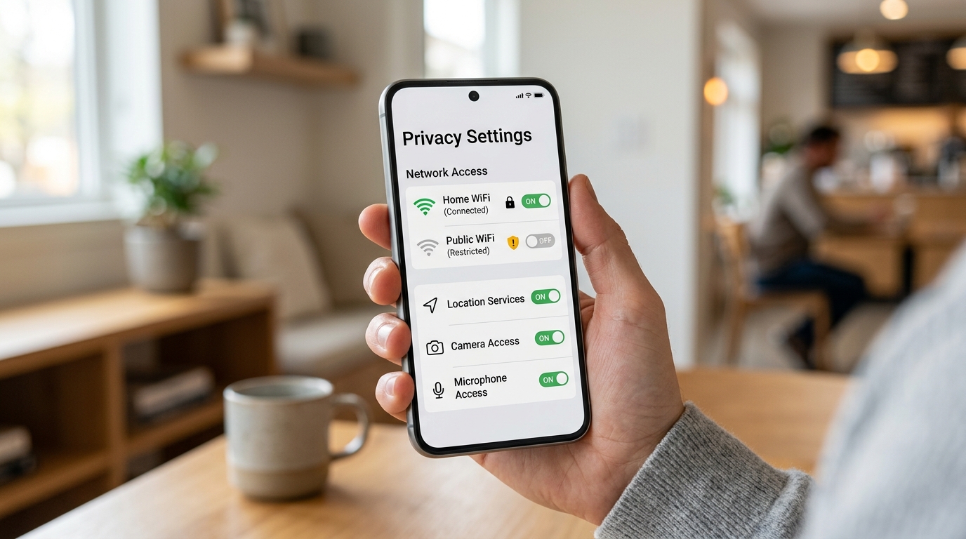 Uma imagem realista em close de um smartphone na mão mostrando uma interface simples de conf...