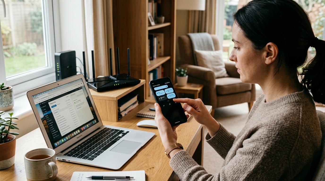 一个真实的家庭工作环境场景，人物正在智能手机上切换家用 Wi‑Fi 和移动数据，路由器清晰可见，旁边放着笔记本电脑，整体氛围平静自然，突出低摩擦隐私决策与实用型应用使用。