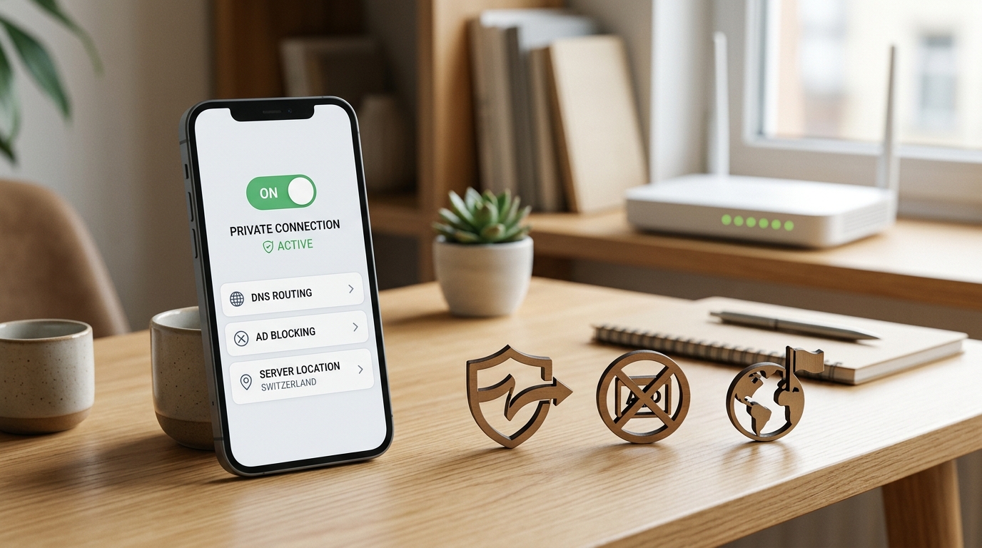 一张真实的并列场景图，展示移动隐私工具的不同选择：一部智能手机显示简洁的连接界面，旁边配有 DNS 路由、广告拦截和国家切换的视觉符号，背景是干净的桌面和 Wi‑Fi 路由器。