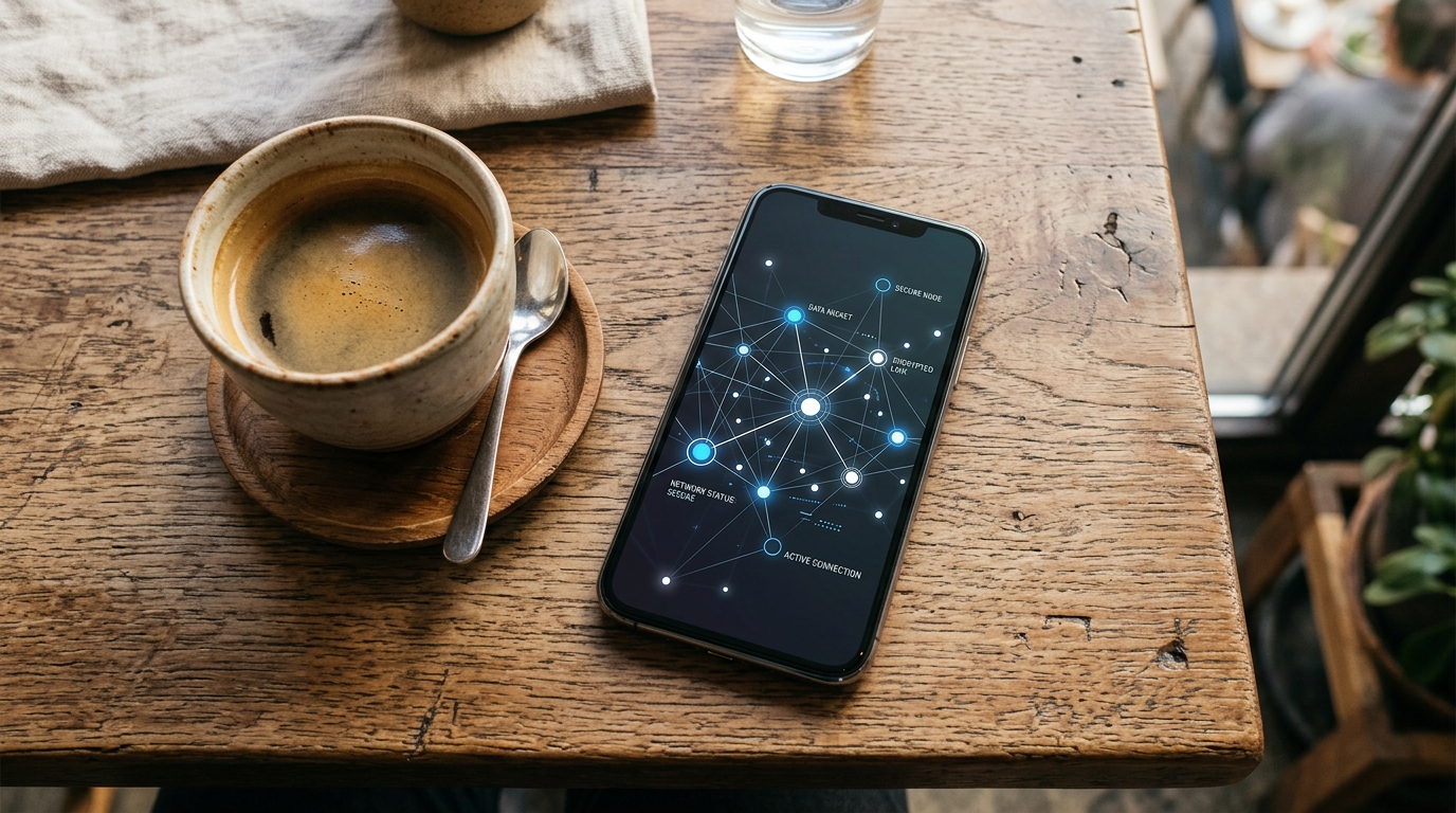 Vista dall'alto di un tavolino in legno di un bar. Una tazzina di caffè si trova accanto a uno smartphone moderno.