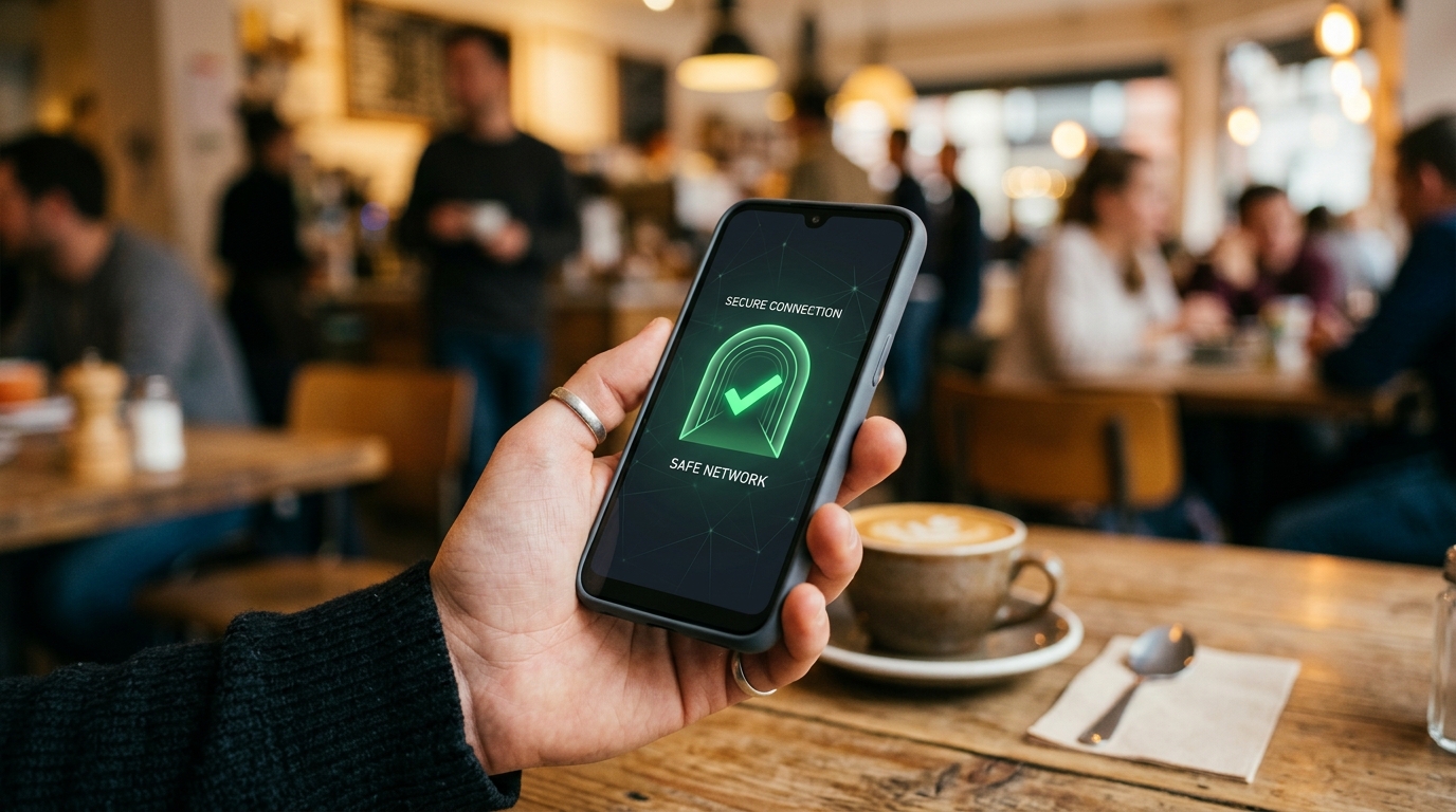 Un primo piano della mano di una persona che tiene uno smartphone in un bar affollato...