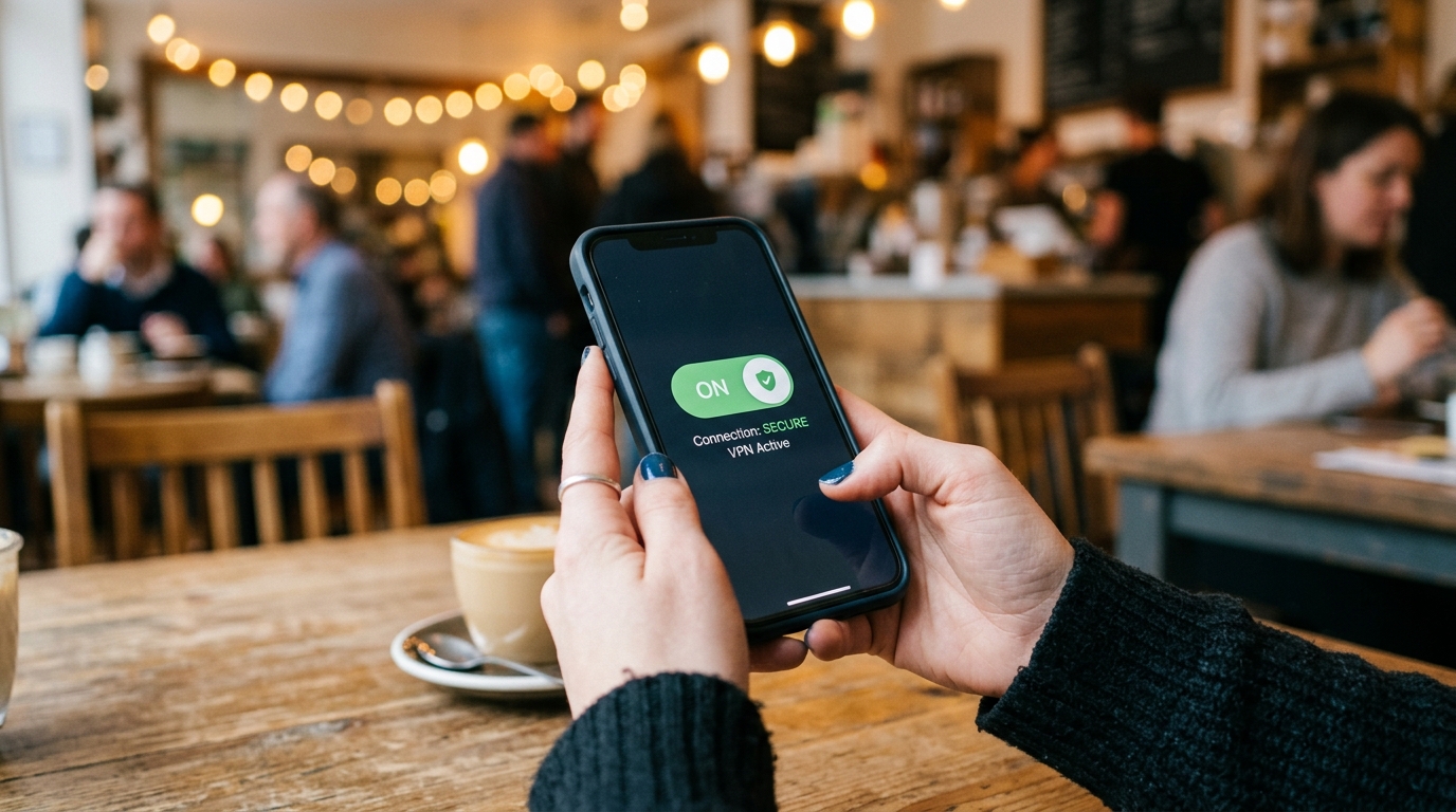 在繁忙咖啡馆里，一个人双手拿着现代智能手机的近景