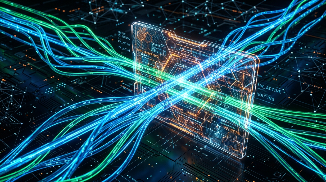 代表数据路由的抽象高科技视觉图。发光的蓝色和绿色...