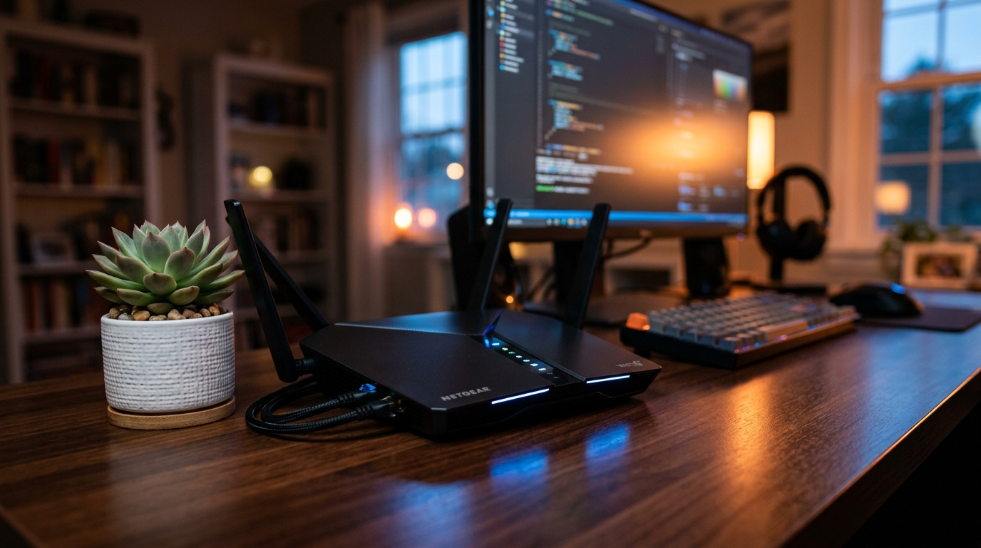 现代家庭办公室桌子的近景视角，配有发光的时尚接口