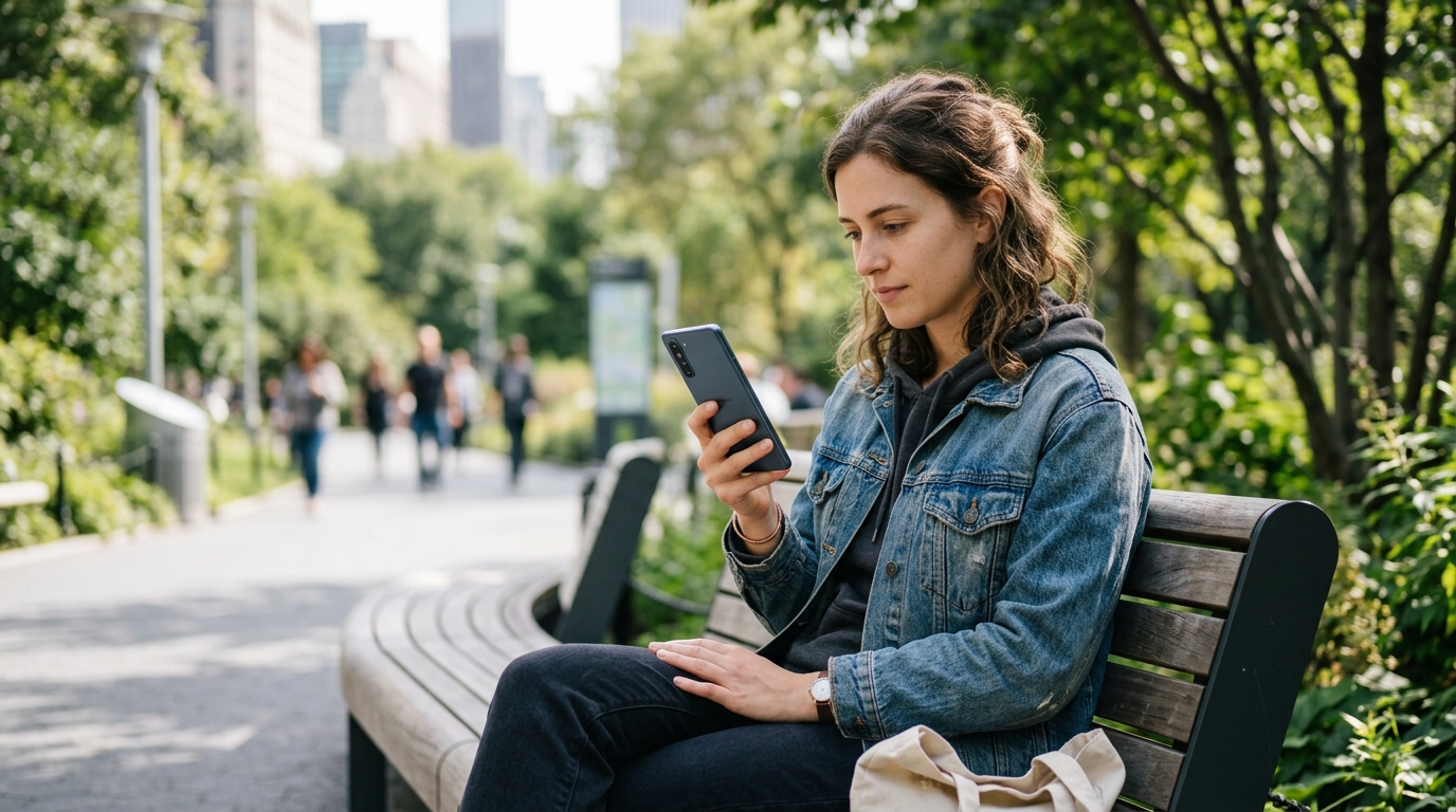 一个人舒适地坐在现代城市公园的长椅上，手持一部时尚的智能手机