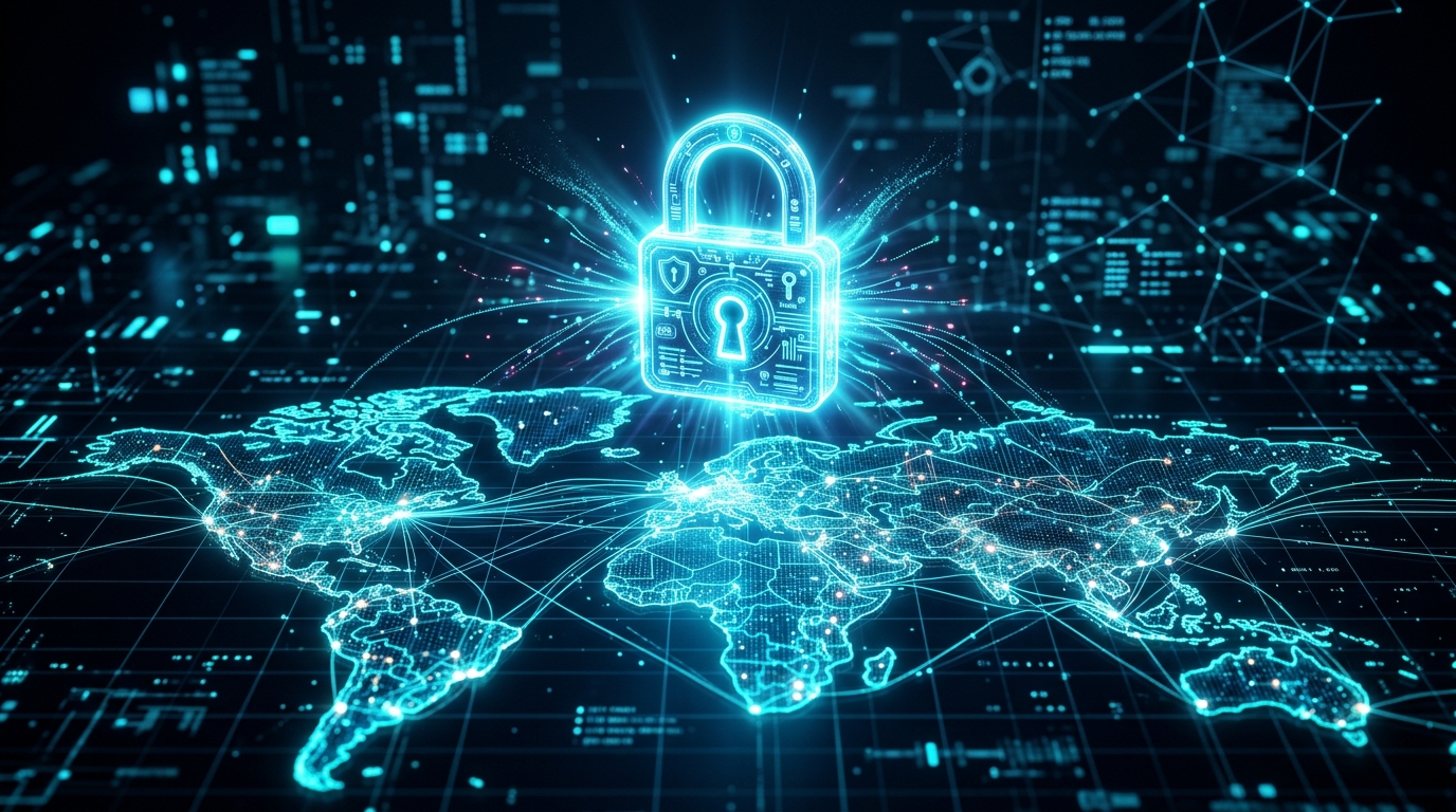 Representasi konseptual bergaya tentang privasi digital: gembok bercahaya terang untuk keamanan seluler