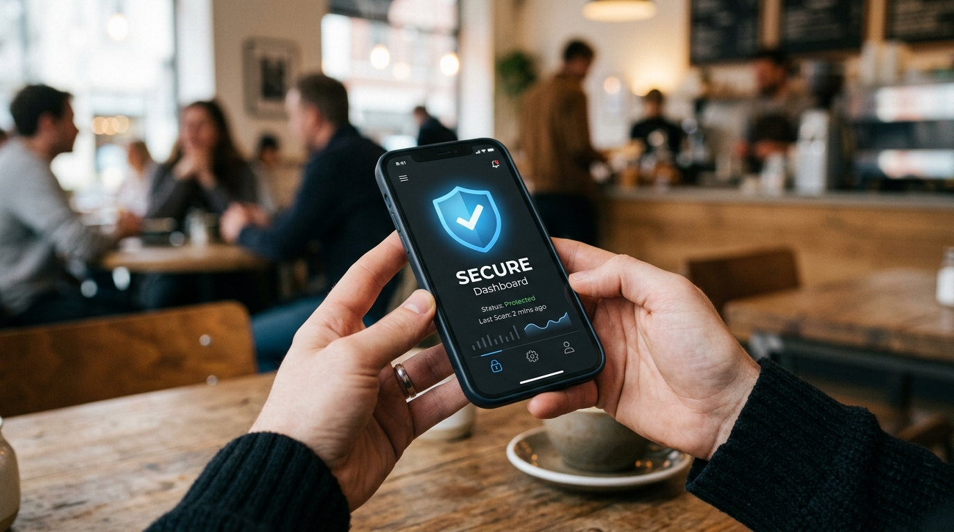 Tampilan jarak dekat tangan seseorang yang memegang smartphone di kedai kopi, dengan ikon gembok bercahaya biru