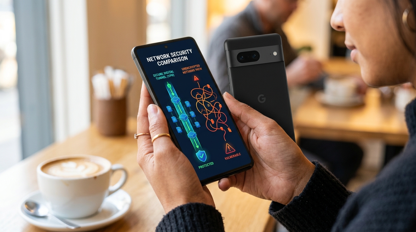 A person using a smartphone in a cafe