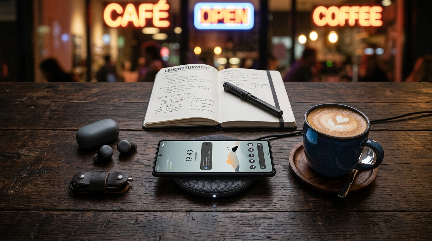 Uma vista superior estética de um espaço de trabalho móvel em uma mesa de madeira escura