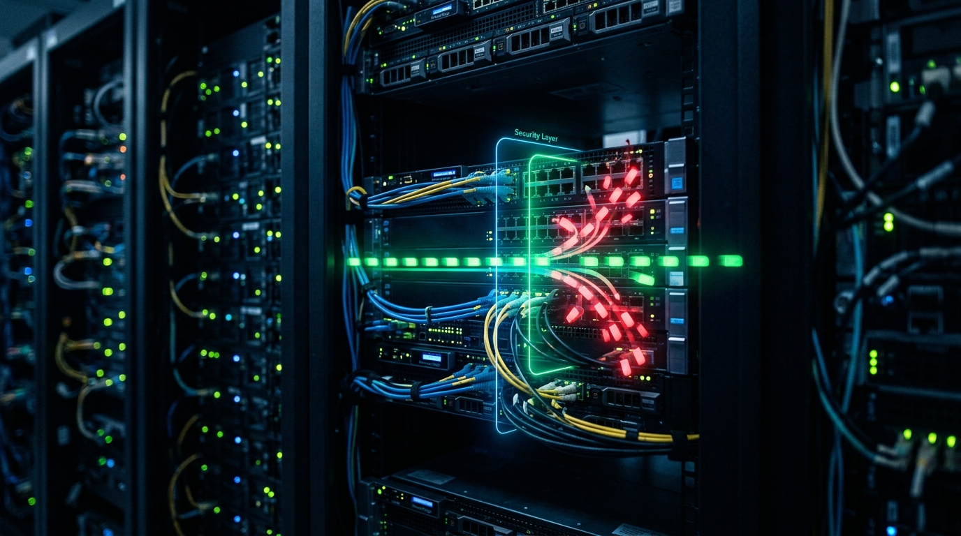 Uma visão aproximada de um rack de servidores brilhando em um data center escuro