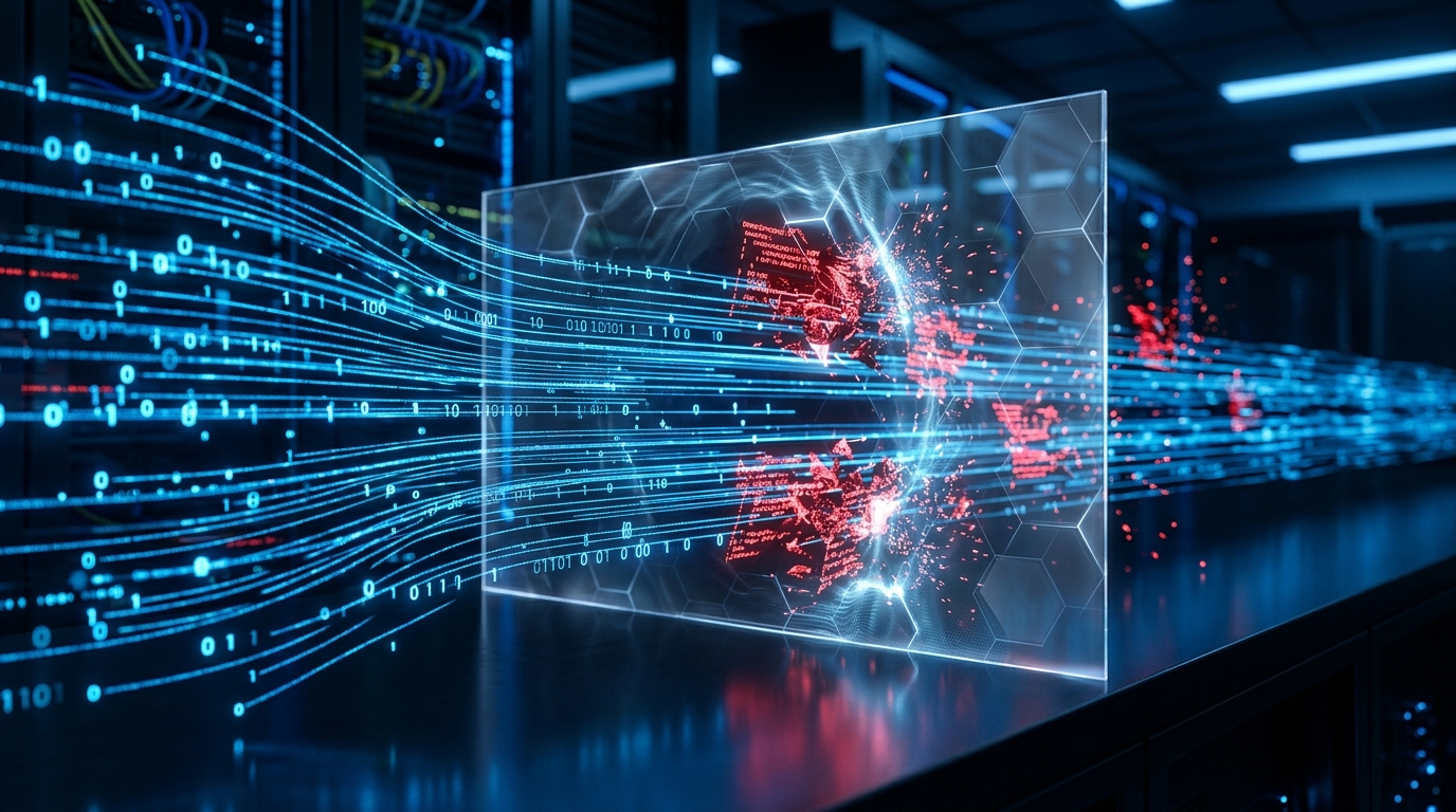 صورة مفهومية مقربة لتدفقات البيانات الرقمية المجردة وهي تُعترض بواسطة حاجز غير مرئي