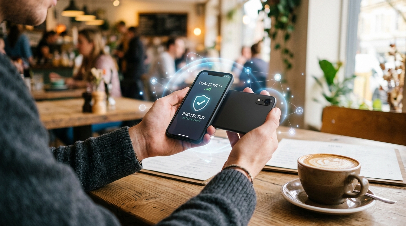 مشهد مقهى حديث يظهر يدي شخص تمسك بهاتف ذكي بشكل أفقي