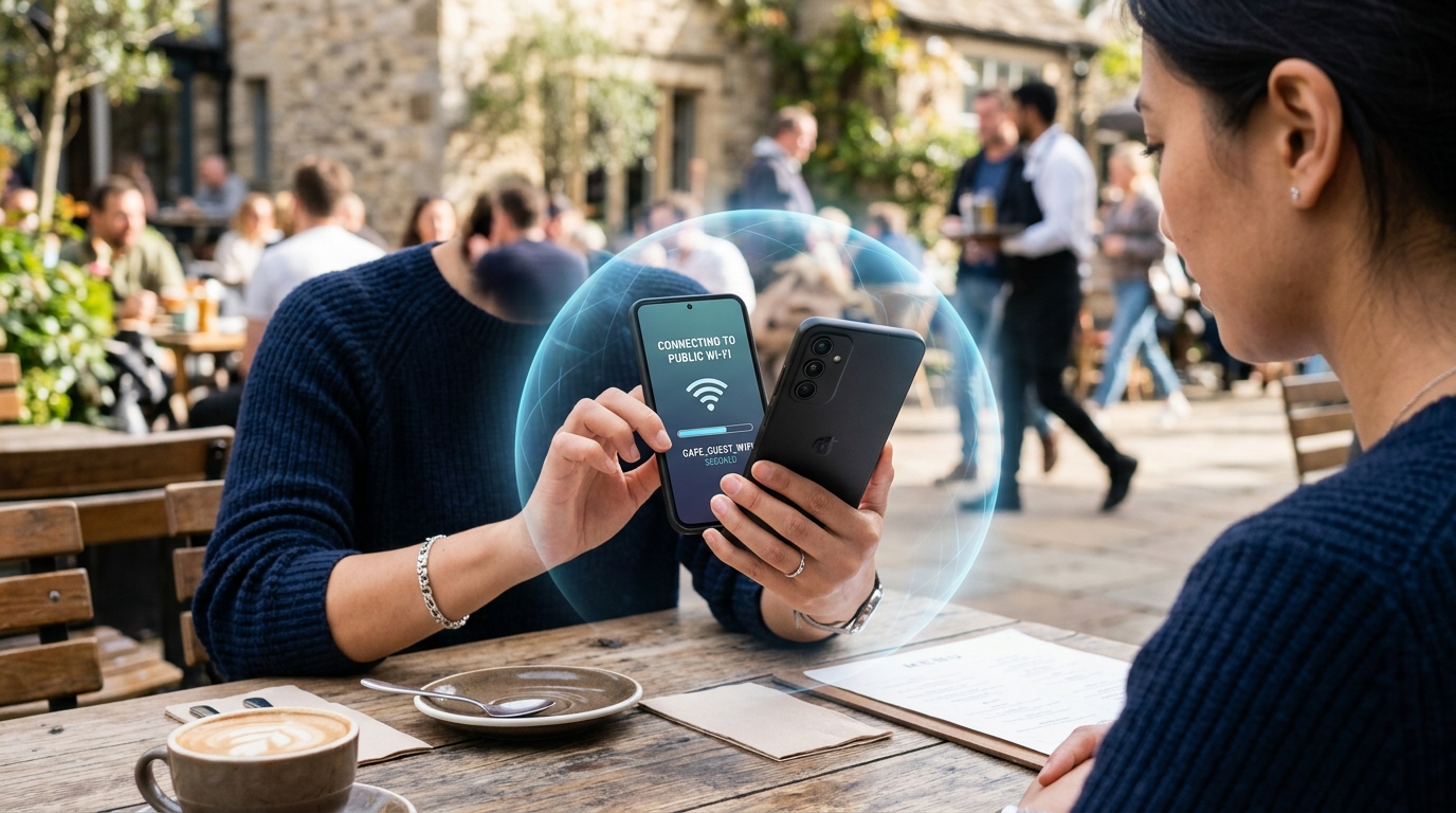 一个人坐在户外咖啡馆的桌子旁，手里拿着一部现代智能手机，代表着移动中的隐私保护。