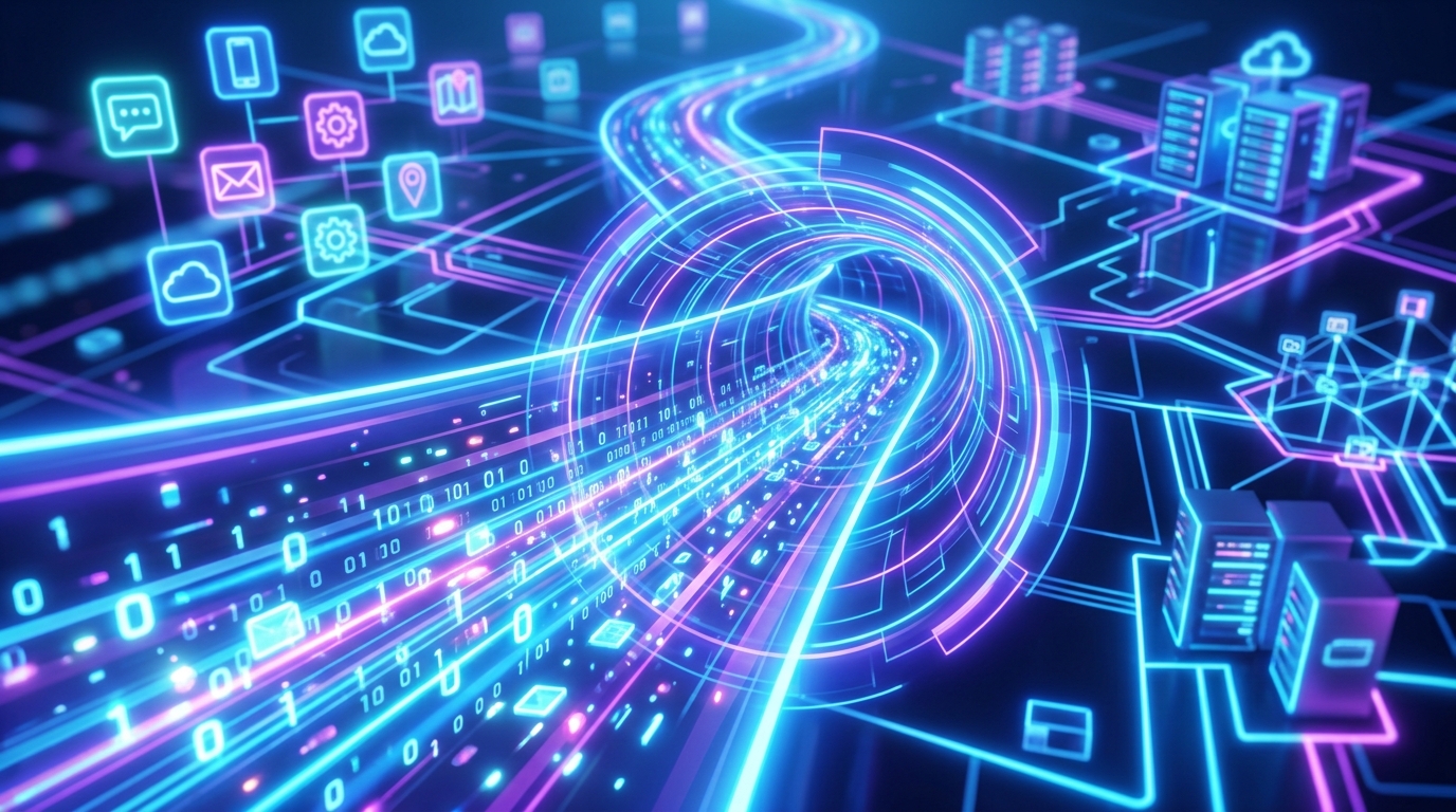 这是一张概念性的数字插画，展示了数据流通过一个发光的隧道，象征着加密的 VPN 连接。