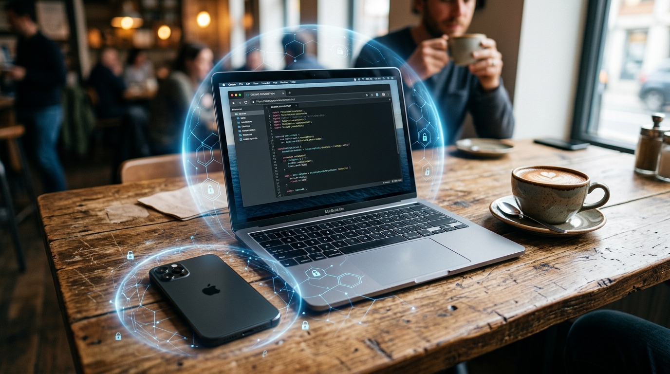 Ein stilvolles Flat Lay eines Laptops und eines Smartphones auf einem Holztisch im Café neben einer Tasse Kaffee...