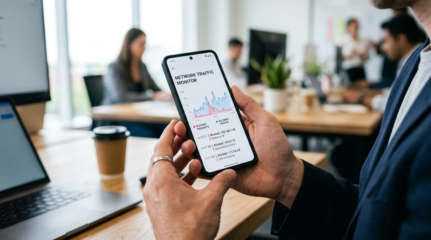 Nahaufnahme der Hände einer Person, die ein elegantes Smartphone in einem hellen, modernen Büro hält...