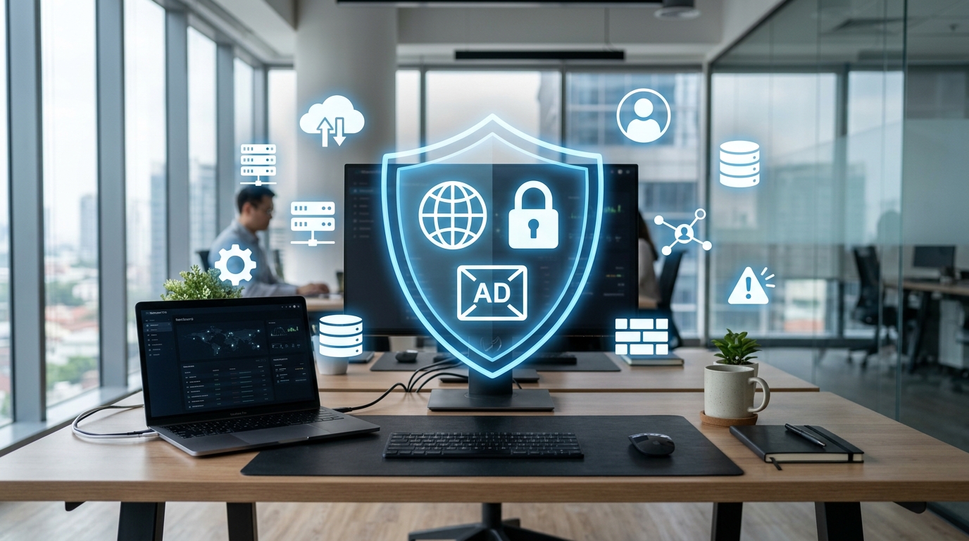 מרחב עבודה קונספטואלי המציג שולחן מאורגן מאוד עם אייקונים דיגיטליים מרחפים מעליו.