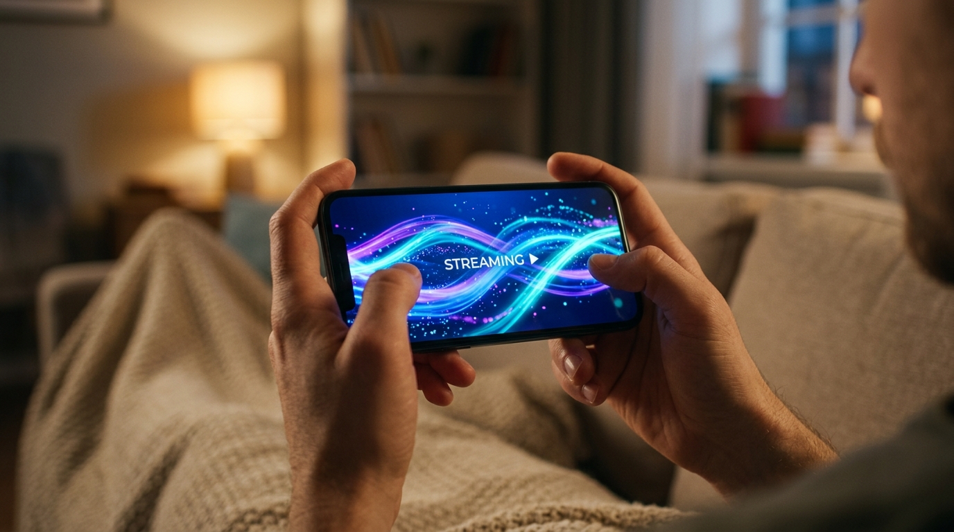 لقطة مقربة لمستخدم يصل إلى شبكة آمنة عبر هاتف ذكي في مكان عام.