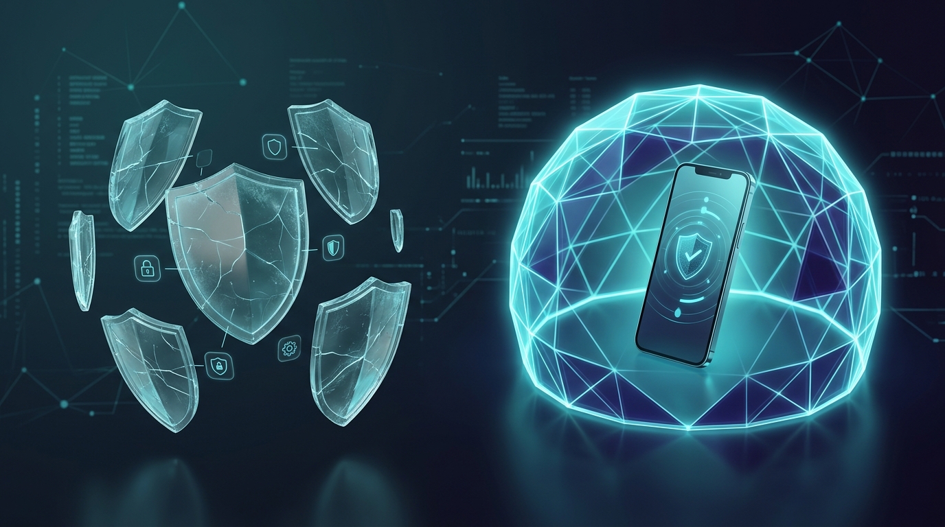 رسوم توضيحية للمقارنة تظهر حركة مرور التطبيقات المجزأة مقابل نفق آمن موحد.