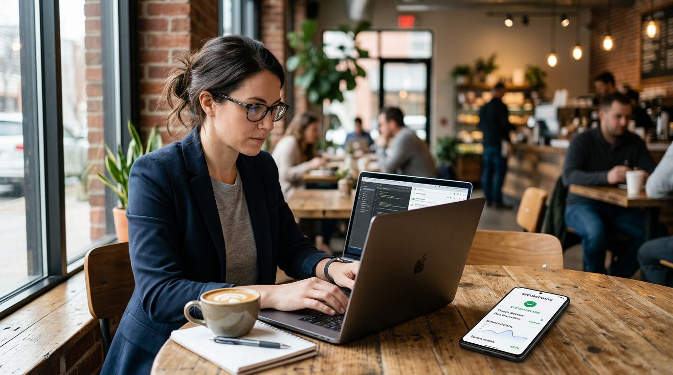 A modern, well-lit coffee shop setting. A professional woman working intently on...
