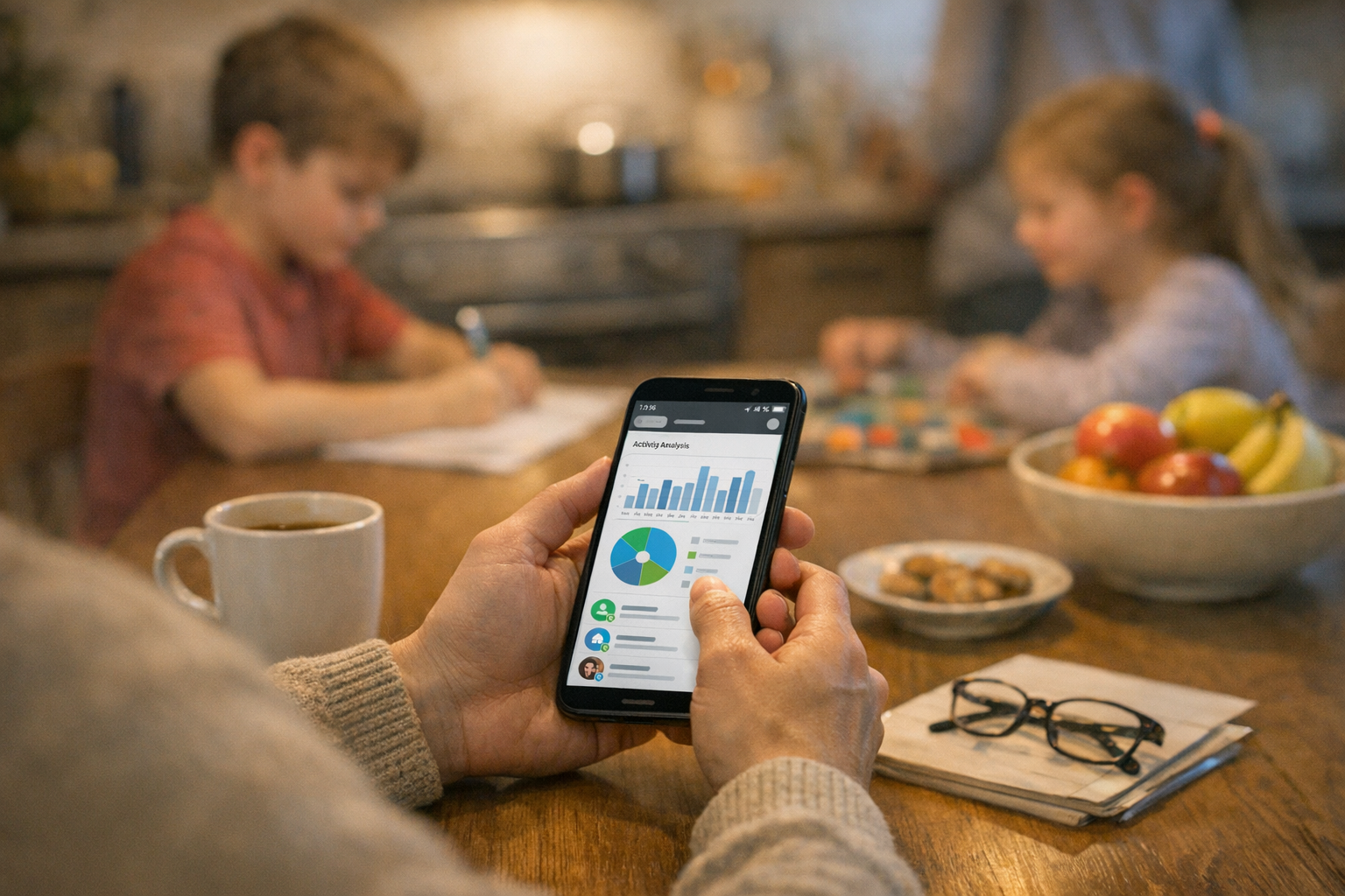 Una scena digitale realistica incentrata sulla famiglia, con un genitore che controlla l’attività di messaggistica...