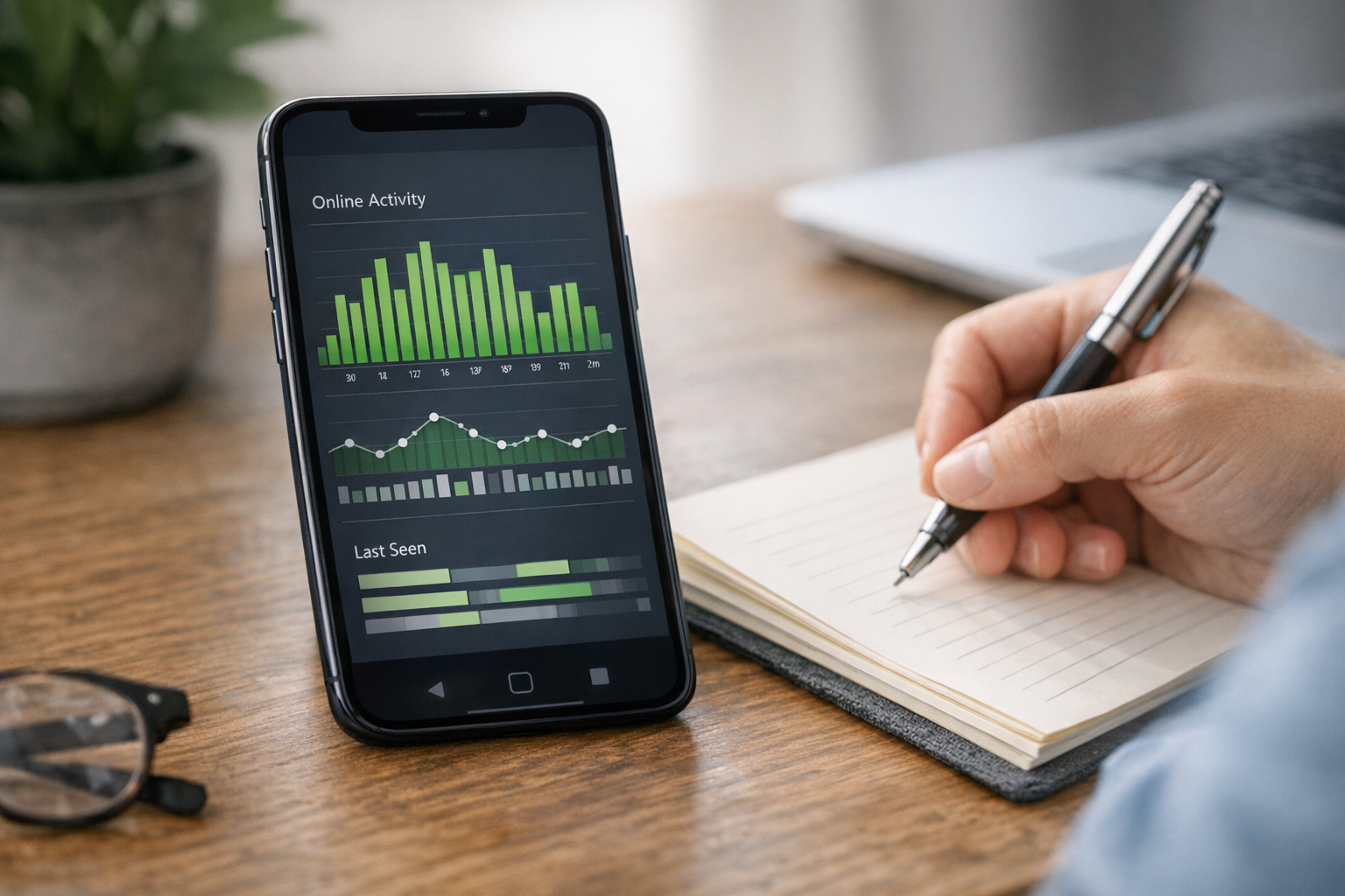 Un primo piano realistico di uno smartphone che mostra una timeline dello stato online e...