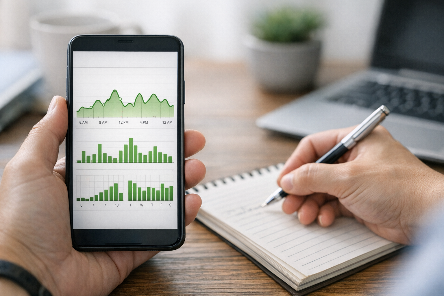 真实特写镜头：智能手机屏幕显示在线状态时间线和最后在线活动图表，旁边的用户正在做记录，现代家庭办公环境，自然采光，整体氛围务实可靠，无文字叠加，无水印