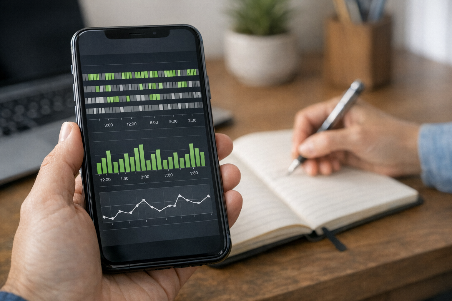Un primer plano realista de un smartphone mostrando una línea de tiempo de estad...