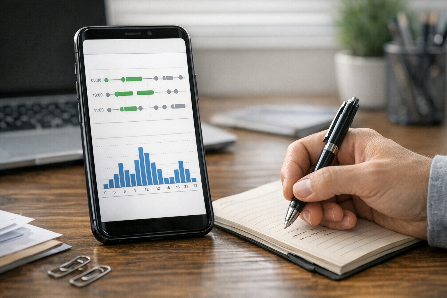 תקריב ריאליסטי של סמארטפון המציג ציר זמן של סטטוס מקוון ותרשים פעילות 'נראה לאחר...