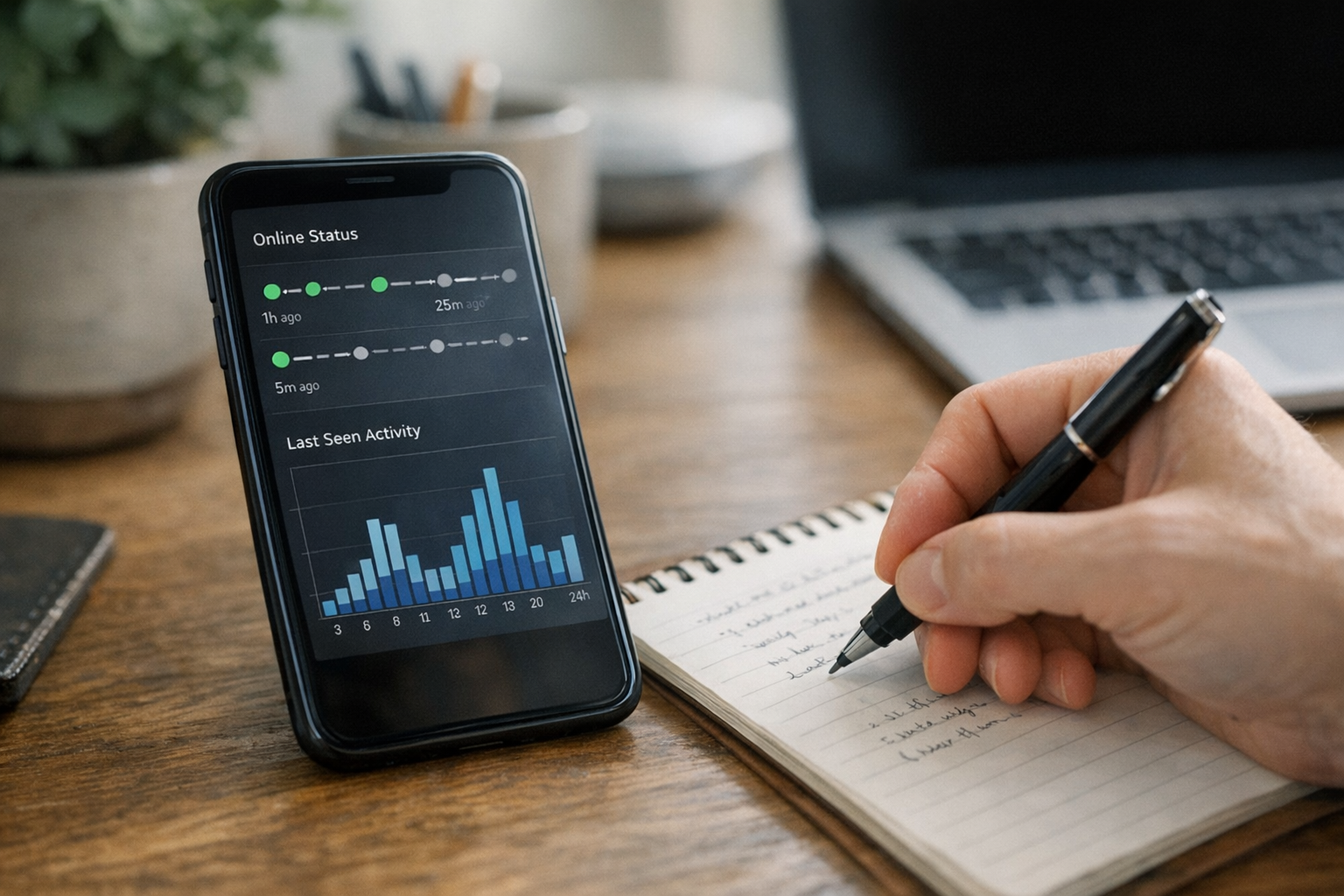 Een realistische close-up van een smartphone met een tijdlijn van online status ...